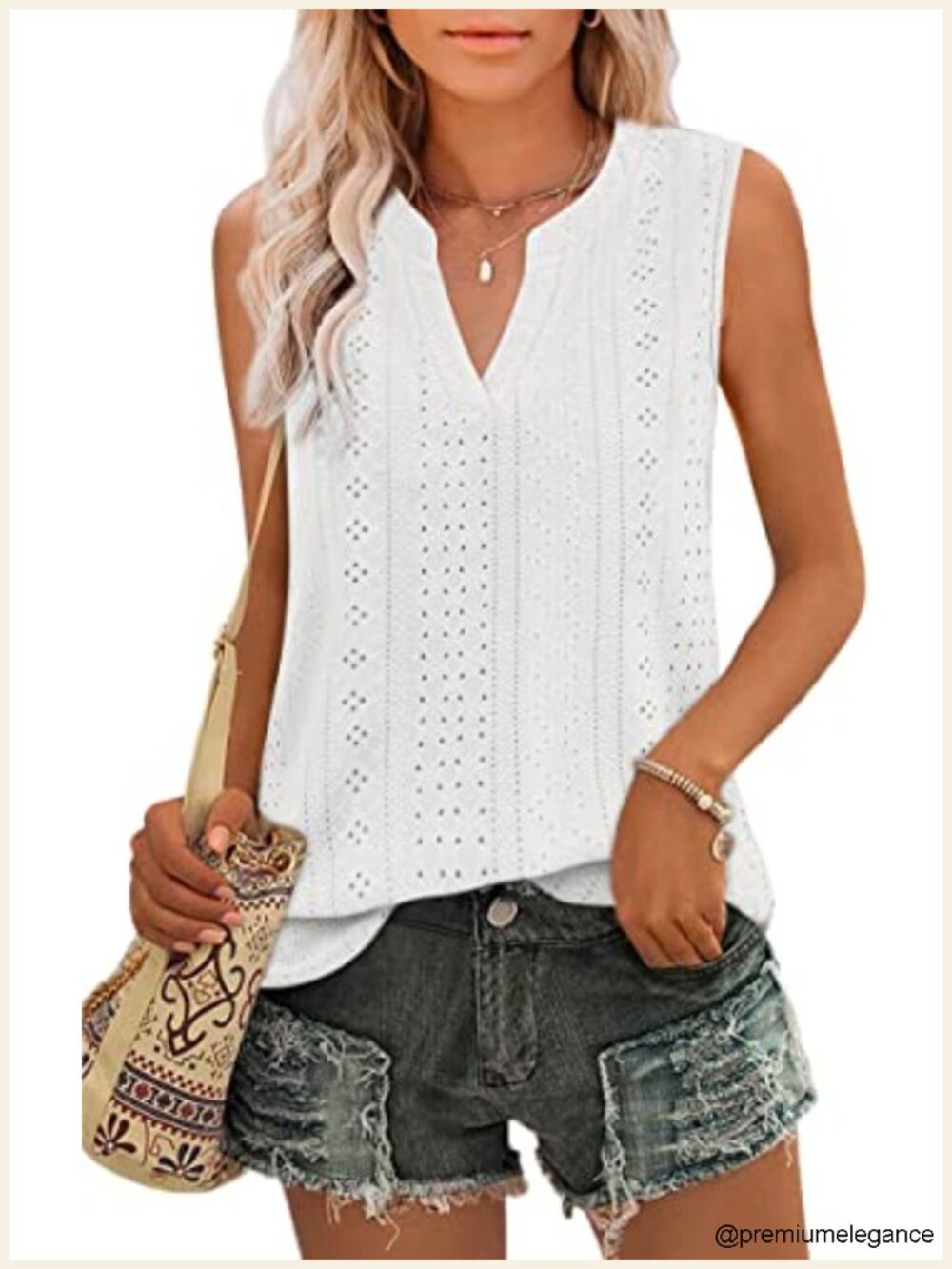 Women's Loose Fit Sleeveless V-Neck Eyelet Tank Top - Dressy Casual Flowy